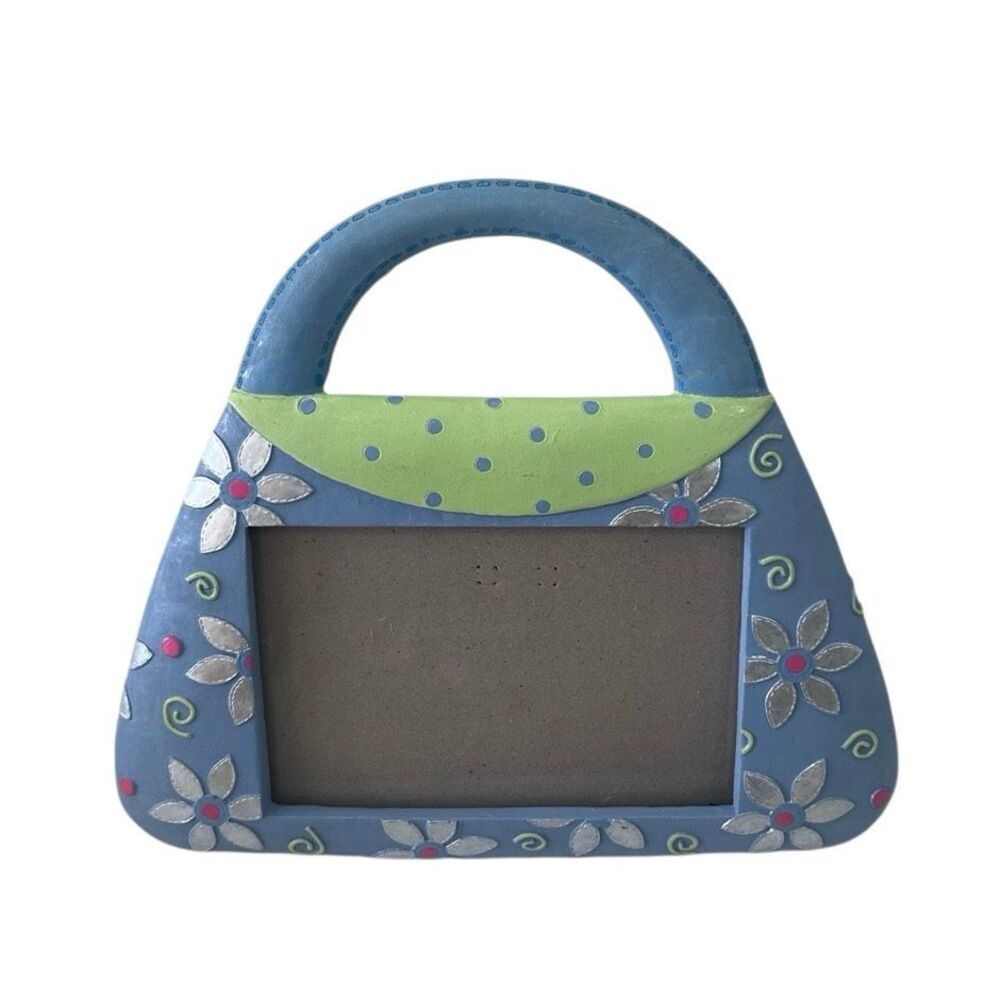 Vintage Decorative Handbag Picture Frame Holds 5.5 X 3.5 Photo Blue Resin Floral